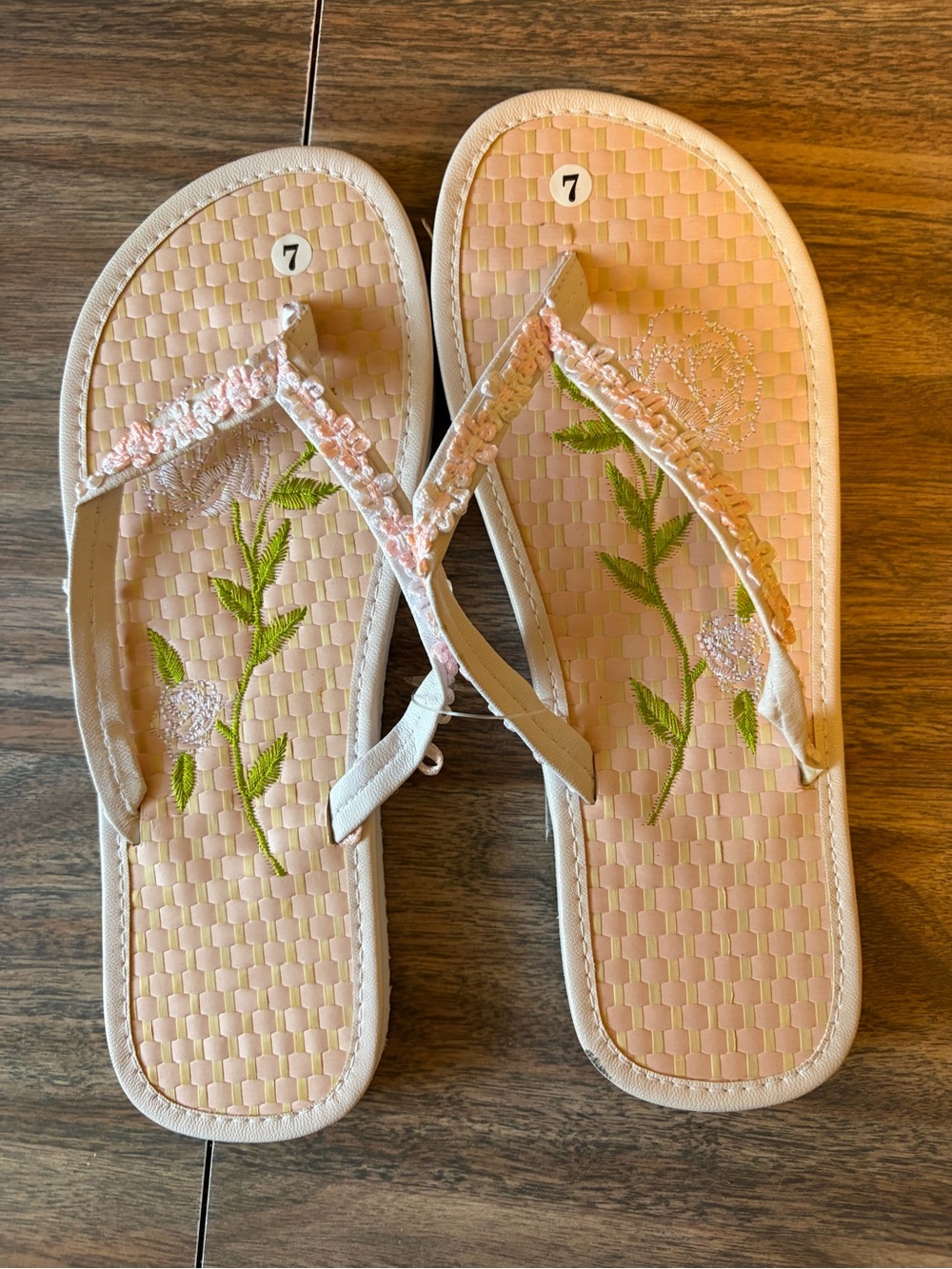 Ladies Pink Embroidered Floral Flip Flop Sandals